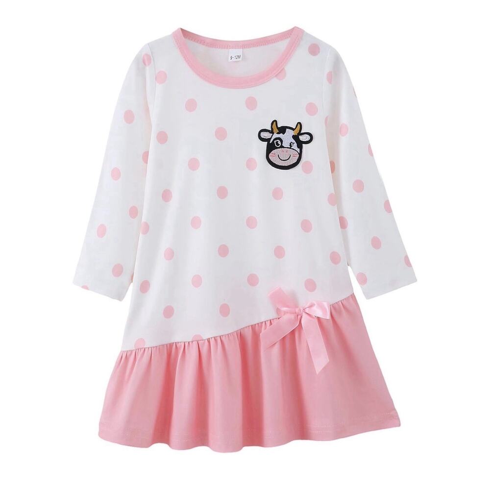 Baby Girl Soft Long Sleeve Bow Polka Dot Cow Dress 18-24 Mo
